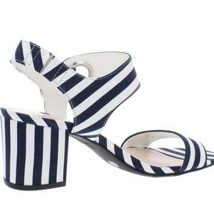 Bar III Classic open-toe Navy blue ankle strap and white stripe shoes.